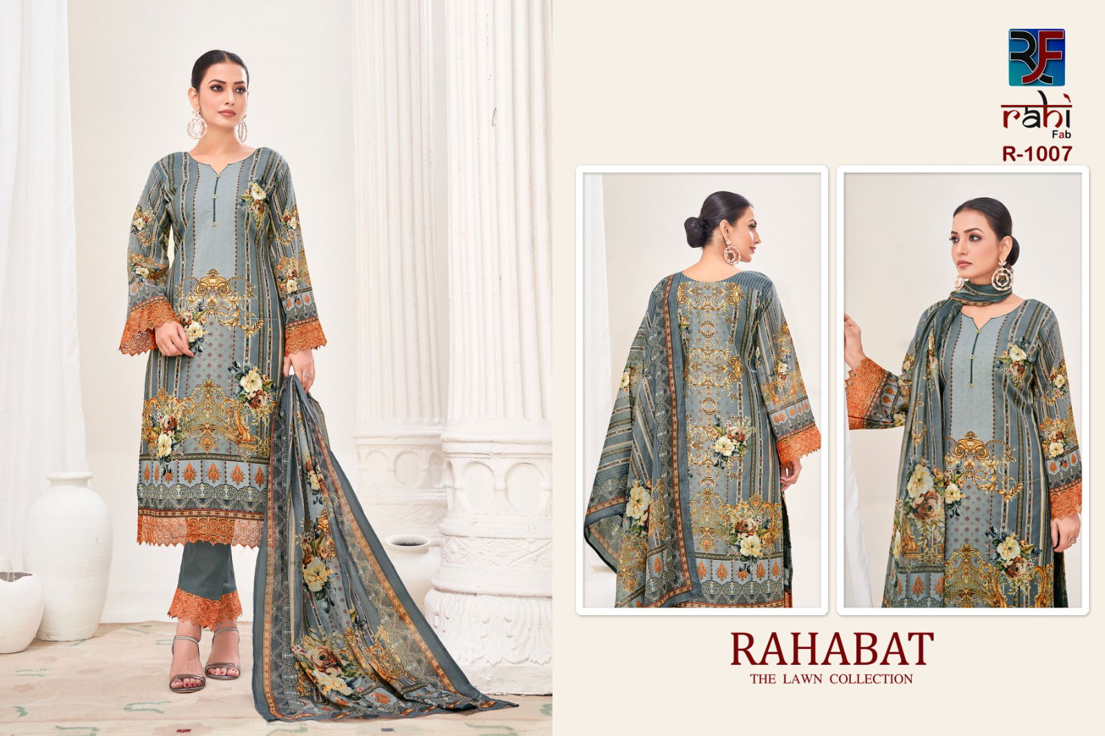 Rahabat Vol 1 By Rahi Karachi Giza Lawn Printed Dress Material Suppliers In India